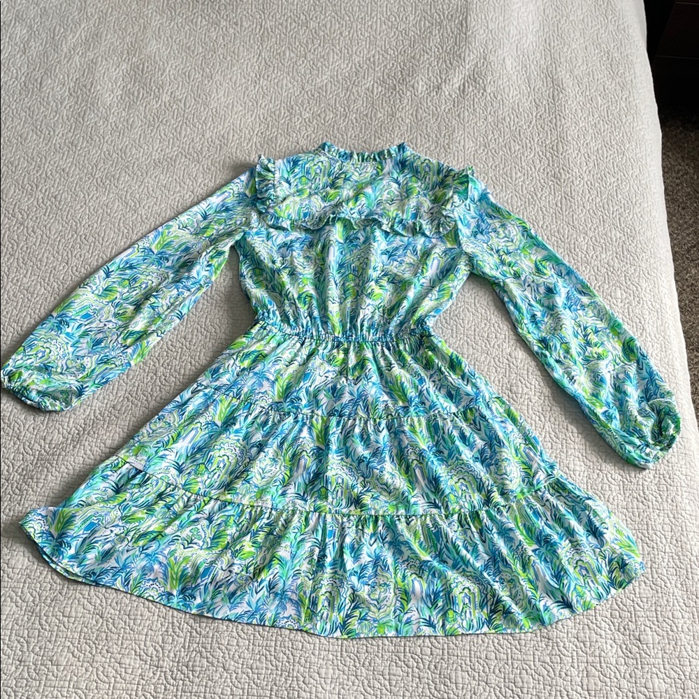 Lilly Pulitzer Blue & Green Tiered Long-Sleeve Dress XS Kelsie Resort - Picture 7 of 10